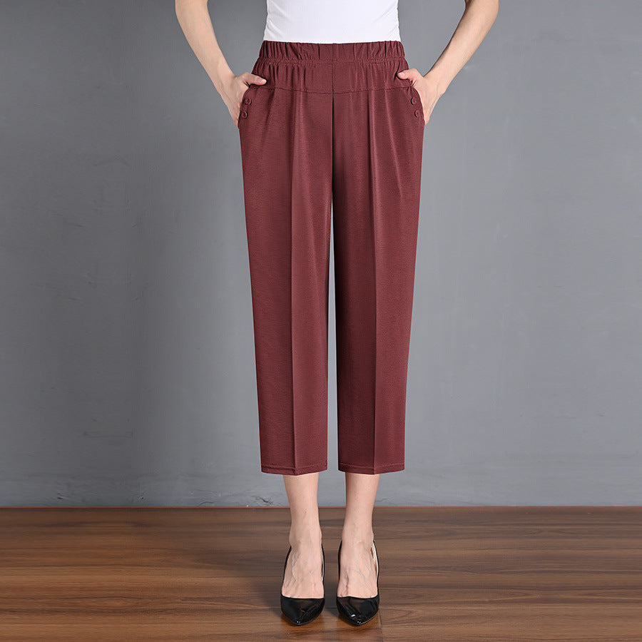 Ice Silk Elastic Waist Cropped Pants