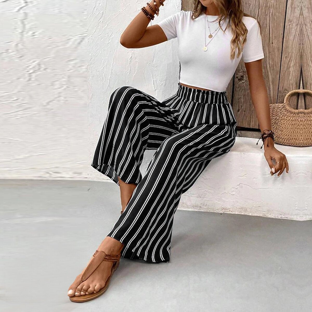 Striped Ruffle Wide-Leg Pants