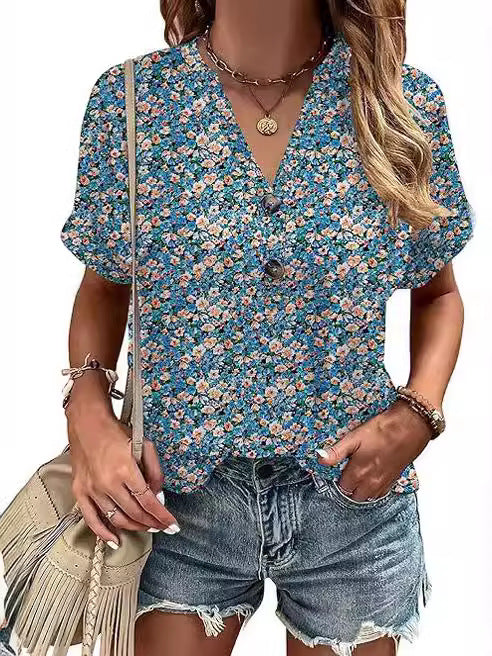 Printed V-Neck Button Stylish Blouse