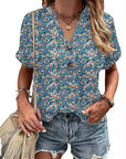 Printed V-Neck Button Stylish Blouse