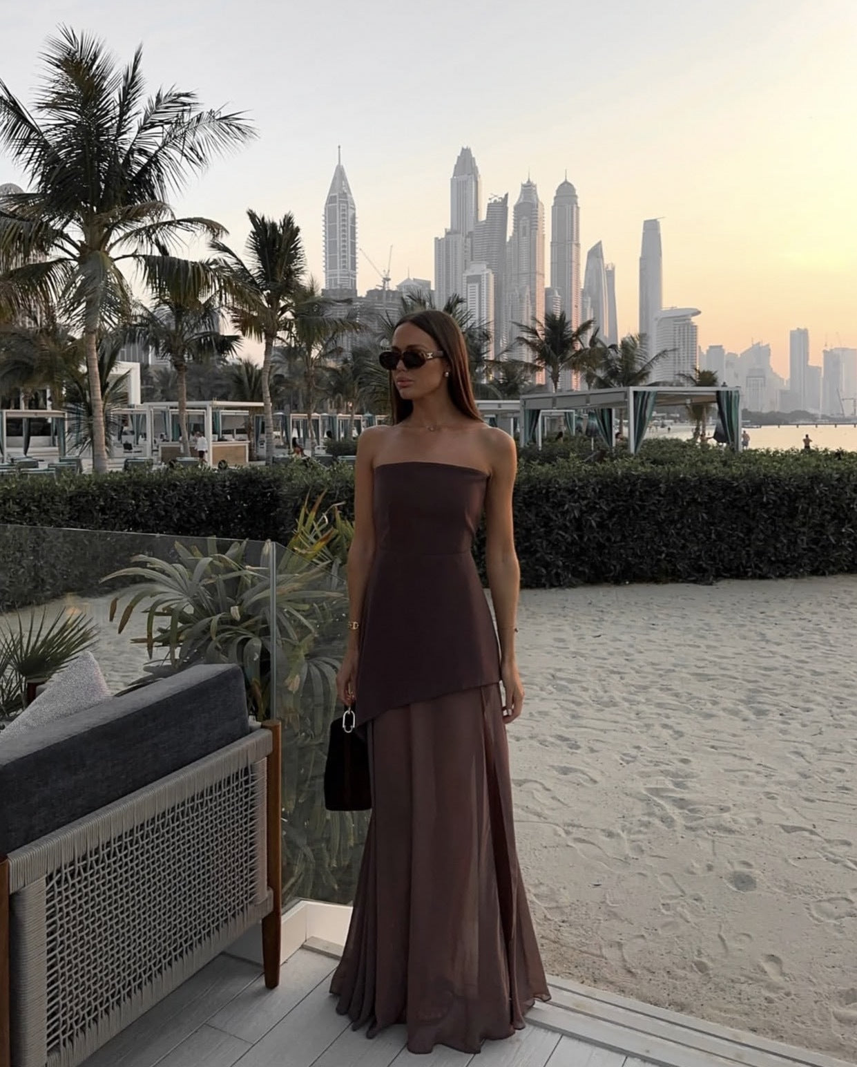 Strapless Patchwork Mesh Asymmetrical Maxi Dress