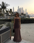 Strapless Patchwork Mesh Asymmetrical Maxi Dress