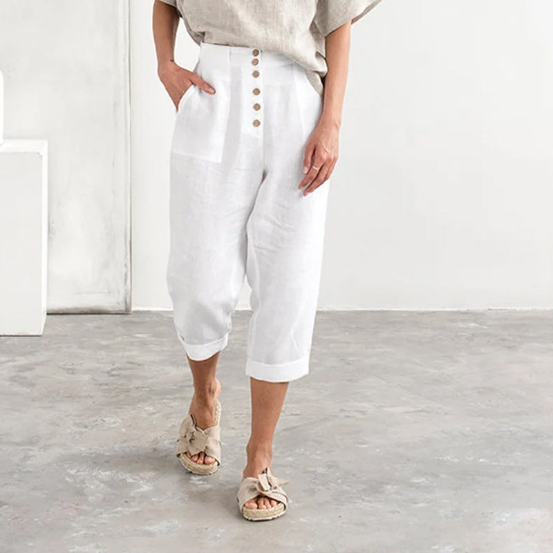 Button Cotton Linen Casual Pants