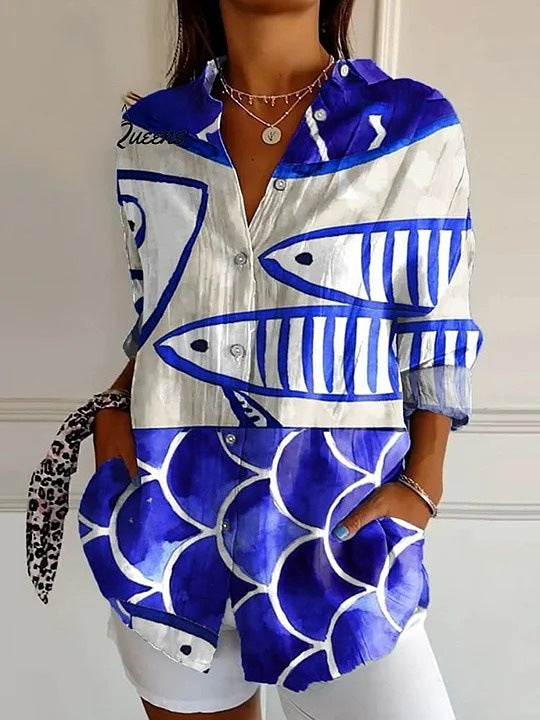 Flowy Casual Blouse with Fish Accents