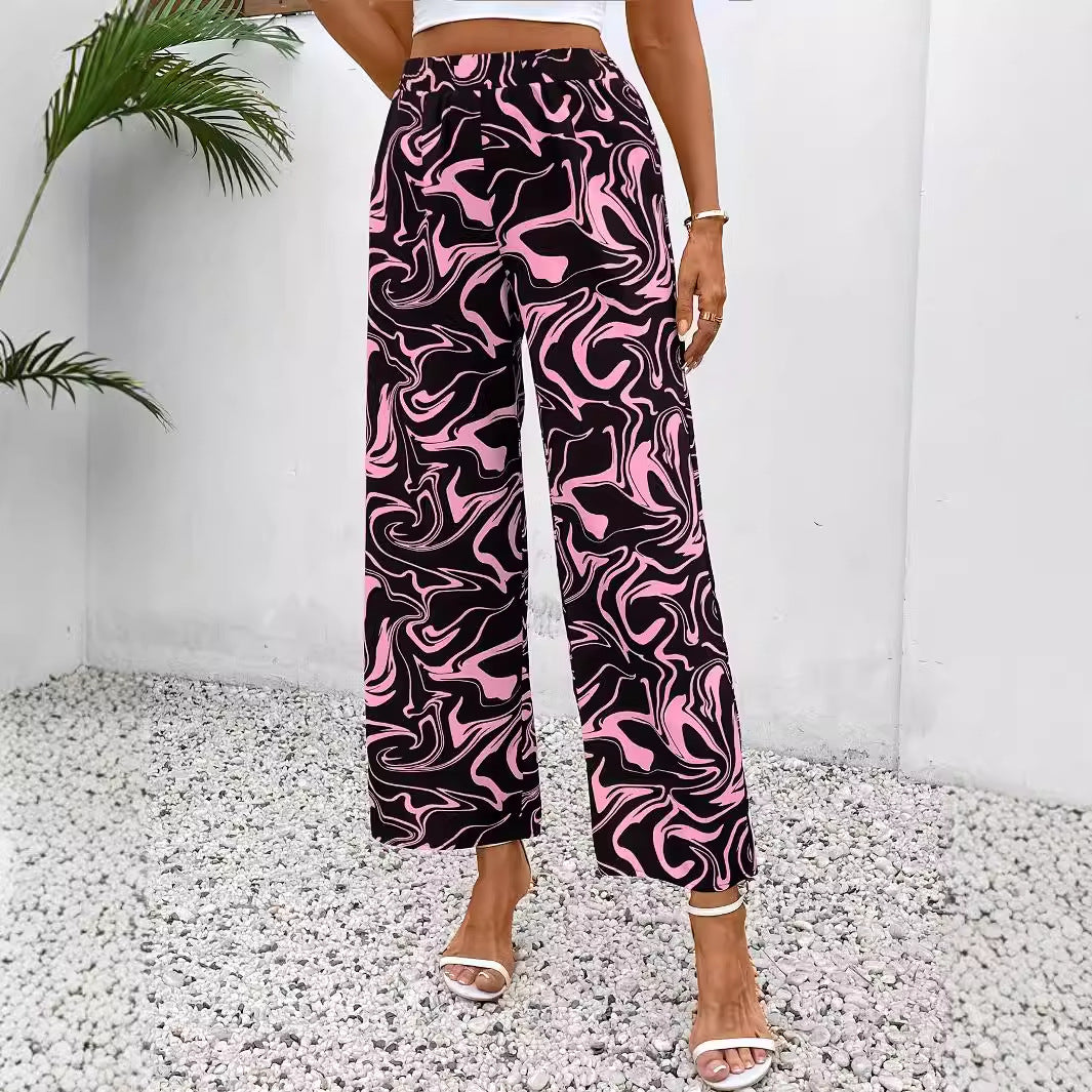 Chic Marble Elastic Waist Pants