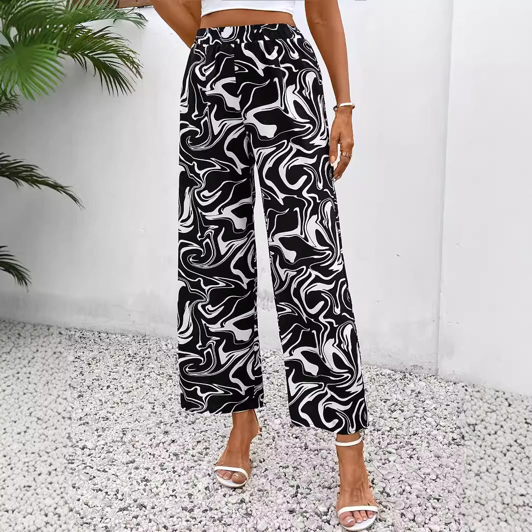 Chic Marble Elastic Waist Pants