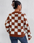 Women's Checkered Crew Neck Long Sleeve Sweater