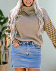 Striped Plaid Patchwork Waffle Knit Turtleneck Sweater