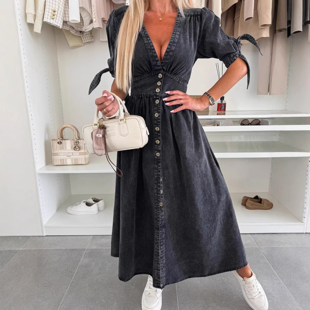 Long Denim Dress with V-Neck