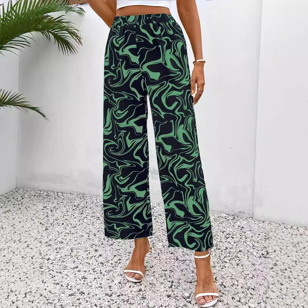 Chic Marble Elastic Waist Pants