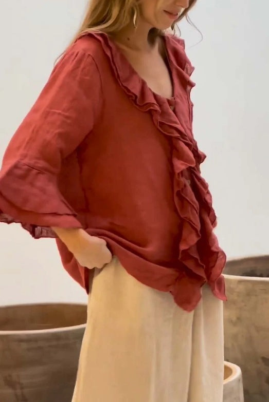 Stylish Solid Top with Feminine Ruffle Detail