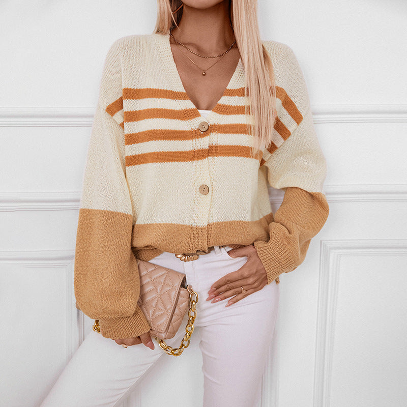 Color Block V-Neck Button Down Long Sleeve Cardigan