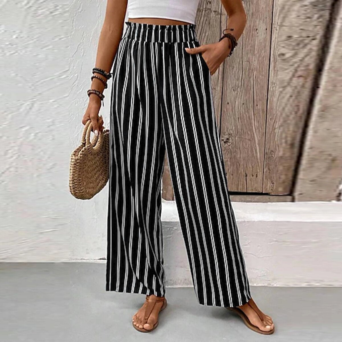 Striped Ruffle Wide-Leg Pants
