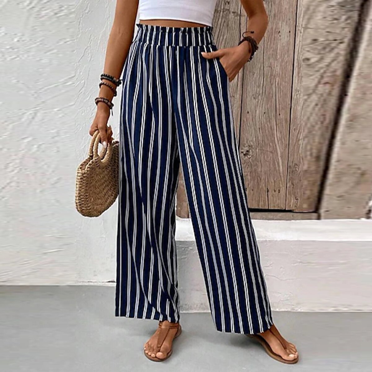 Striped Ruffle Wide-Leg Pants