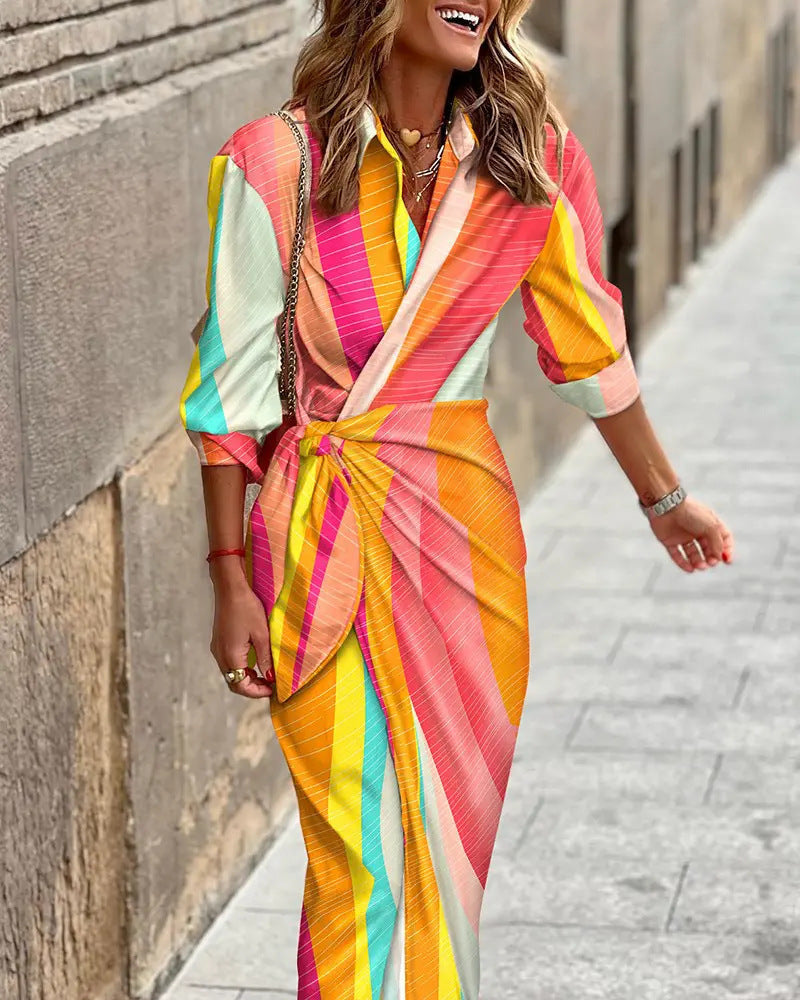 Striped Print Long Shirt Dress