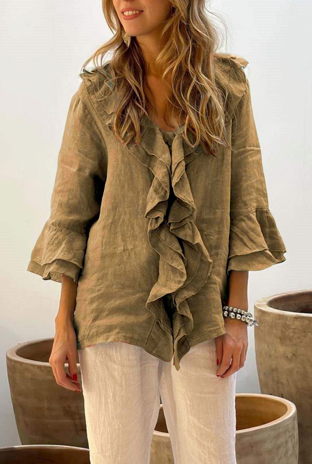 Stylish Solid Top with Feminine Ruffle Detail