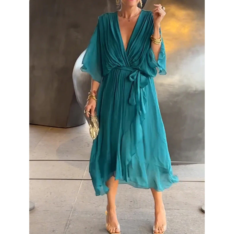 Tie Waist Batwing Long Dress