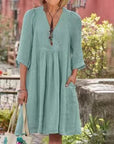 Cotton Linen V Neck Midi Dress