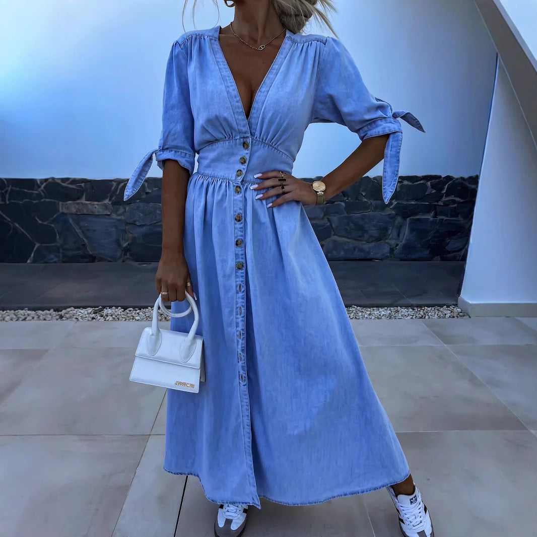 Long Denim Dress with V-Neck