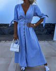 Long Denim Dress with V-Neck