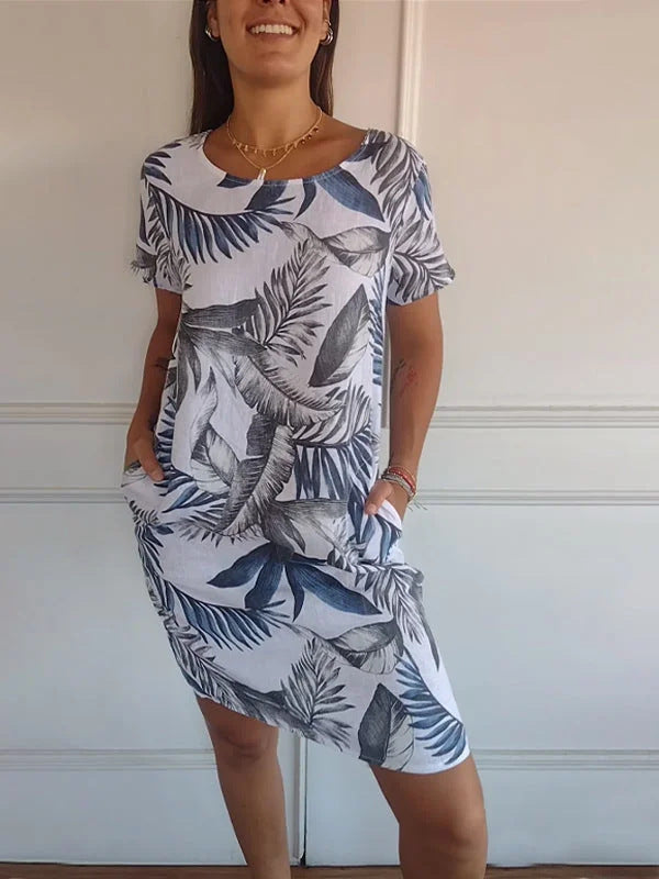 Short Sleeve Printed Pocket Crew Dress