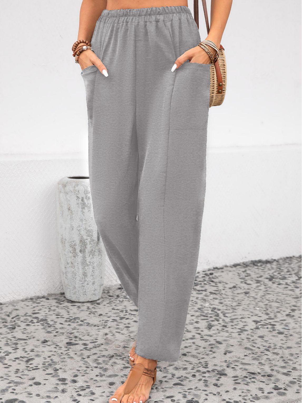 Solid Color Elastic Pants