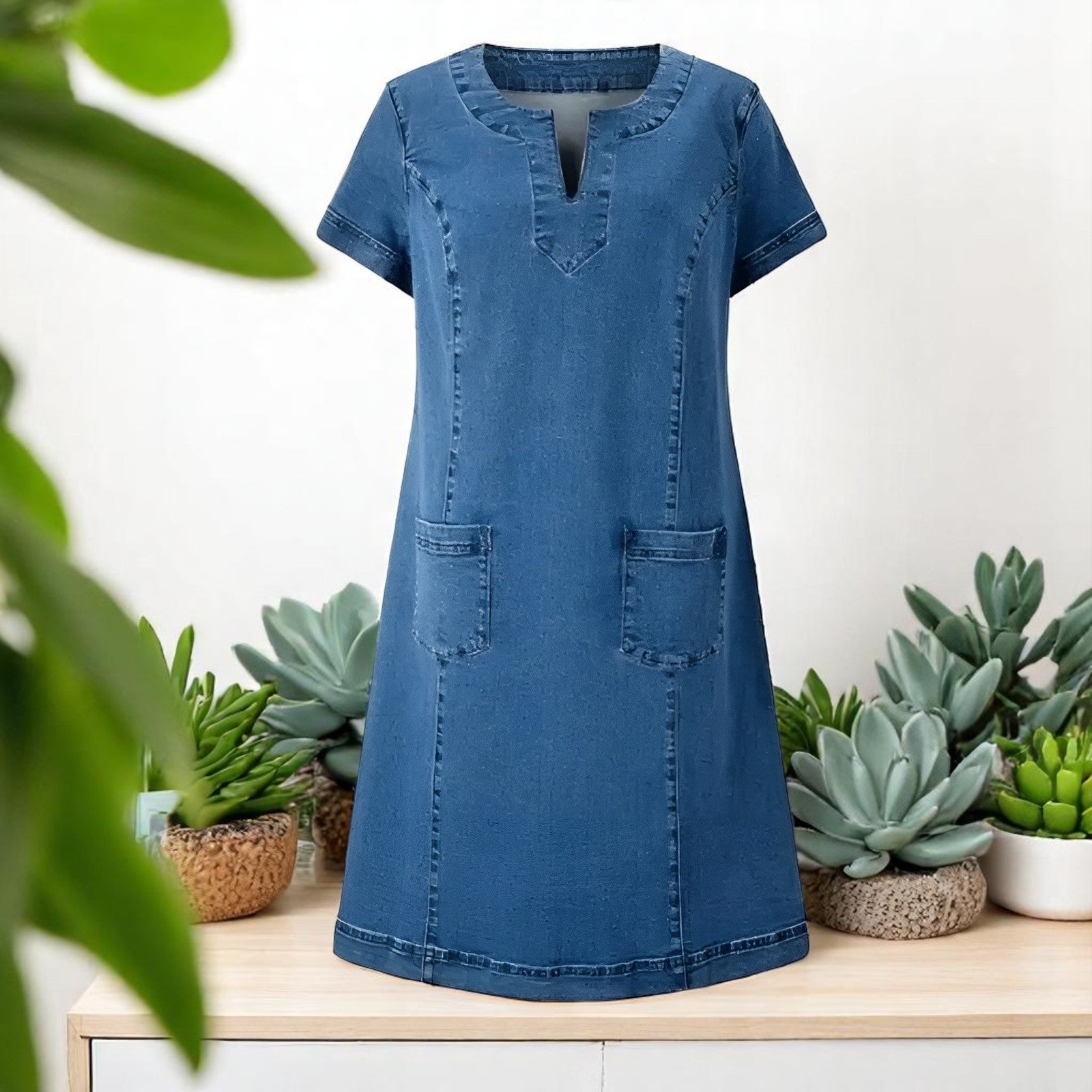 Soft Denim V-Neck Midi Dress
