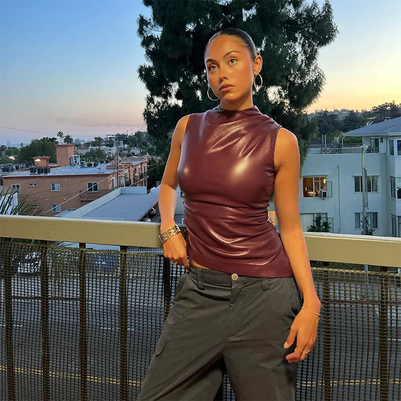 Trendy Black Leather Sleeveless Top