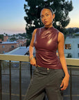Trendy Black Leather Sleeveless Top