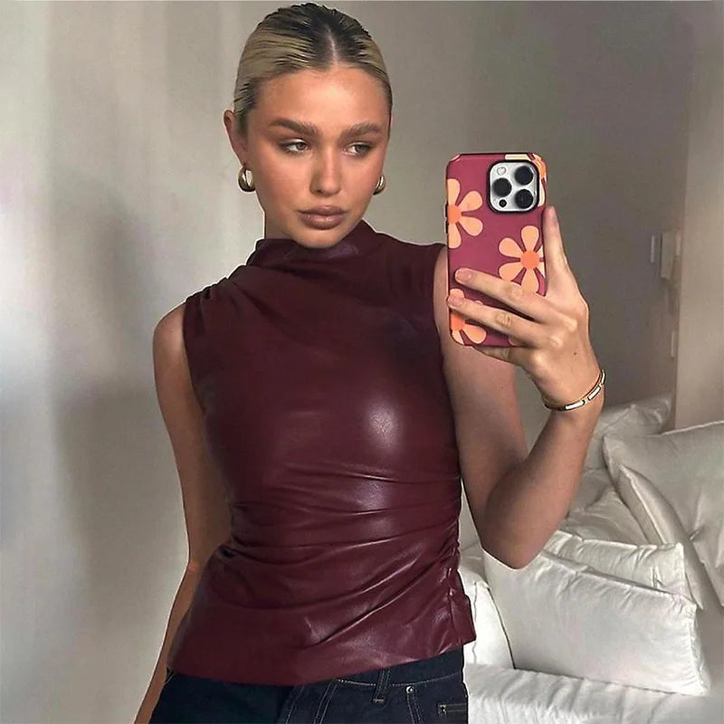 Trendy Black Leather Sleeveless Top