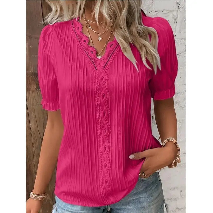 Casual V-Neck Lace Blouse