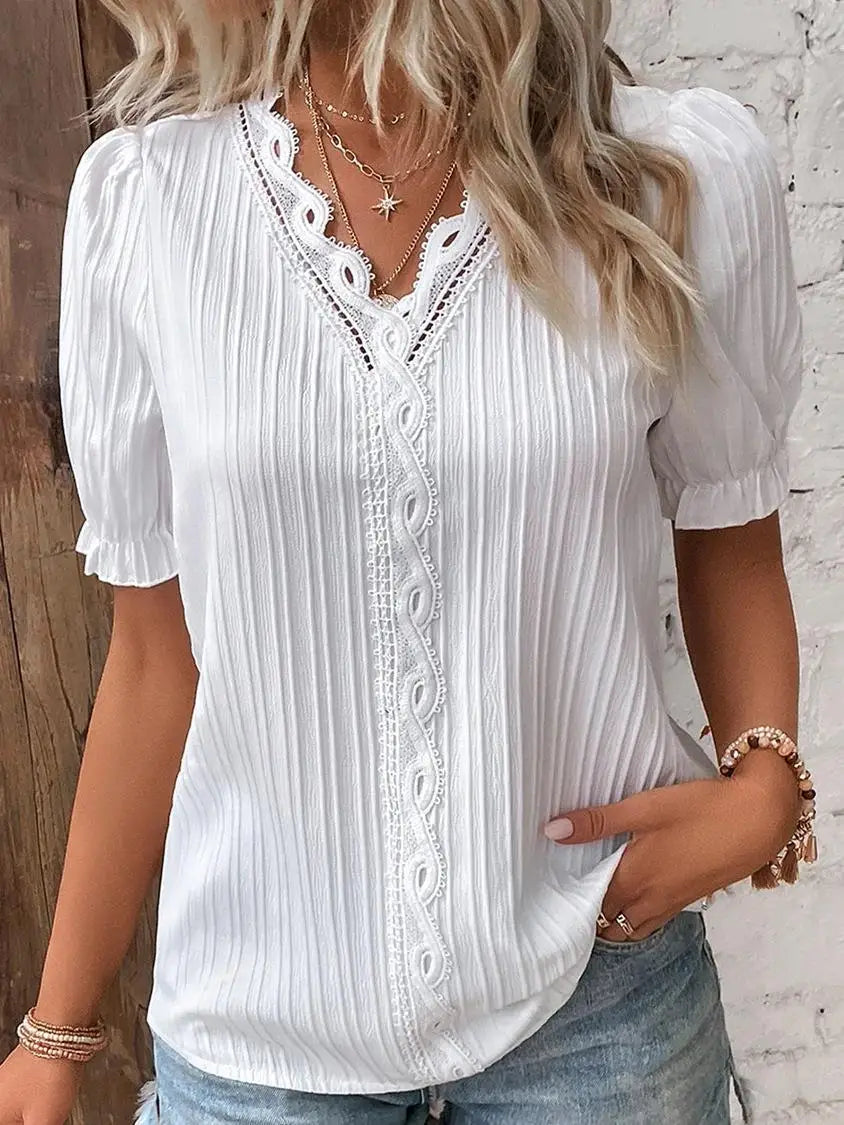 Casual V-Neck Lace Blouse