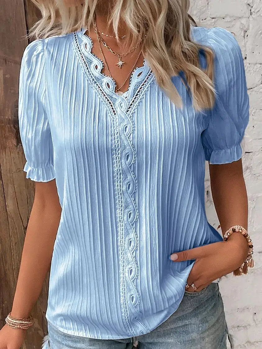 Casual V-Neck Lace Blouse