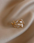 Adjustable Gold Ring With White Opal Leaf