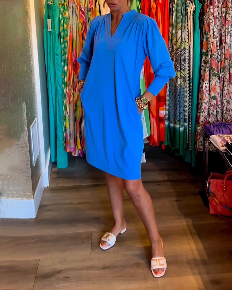 Solid color V-neck Long Sleeve Dress