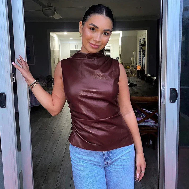Trendy Black Leather Sleeveless Top