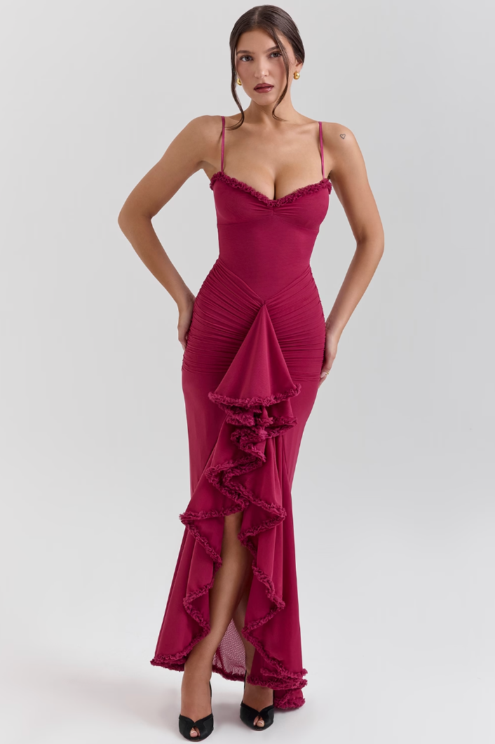 Ruched Ruffle Dovetail Party Dress