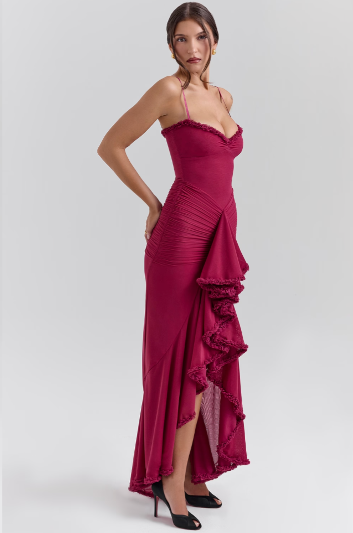Ruched Ruffle Dovetail Party Dress