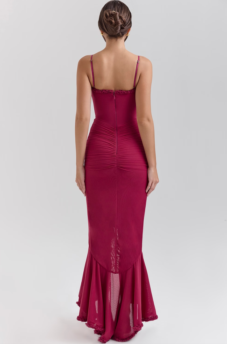 Ruched Ruffle Dovetail Party Dress
