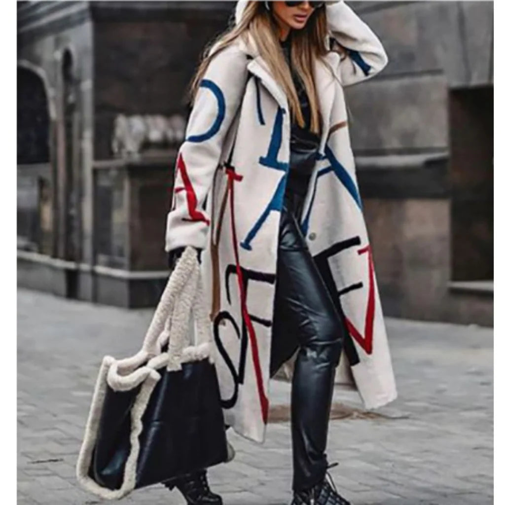 Long women's coat with stylish designer patterns