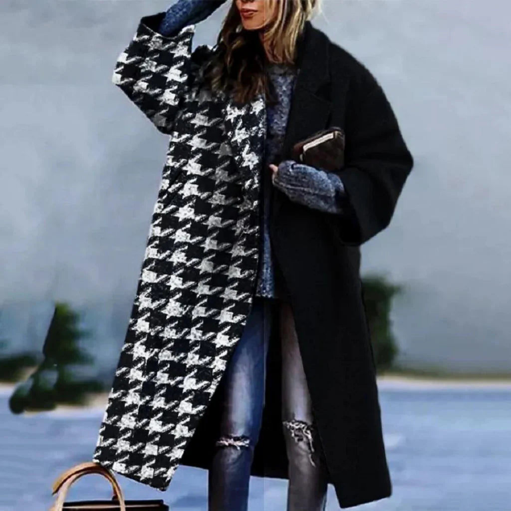 Long women's coat with stylish designer patterns