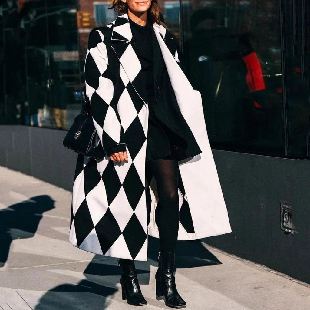 Long women's coat with stylish designer patterns