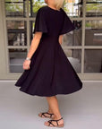Solid color V-neck waisted butterfly sleeve casual dress