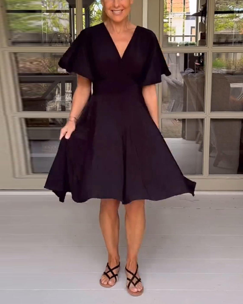Solid color V-neck waisted butterfly sleeve casual dress