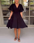 Solid color V-neck waisted butterfly sleeve casual dress
