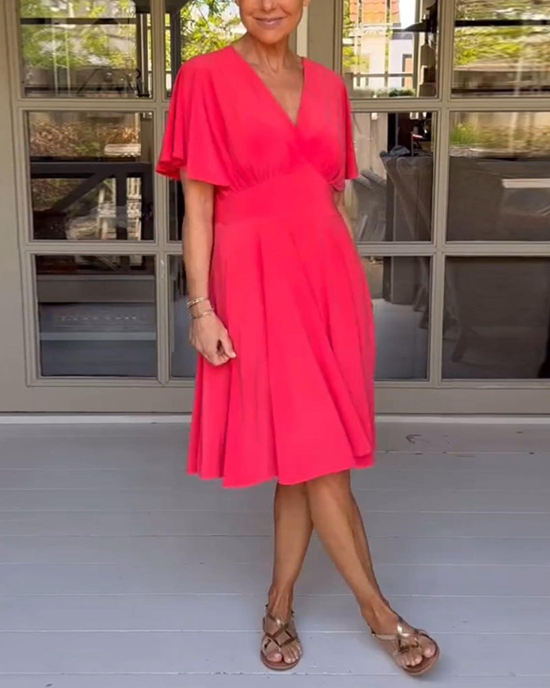 Solid color V-neck waisted butterfly sleeve casual dress