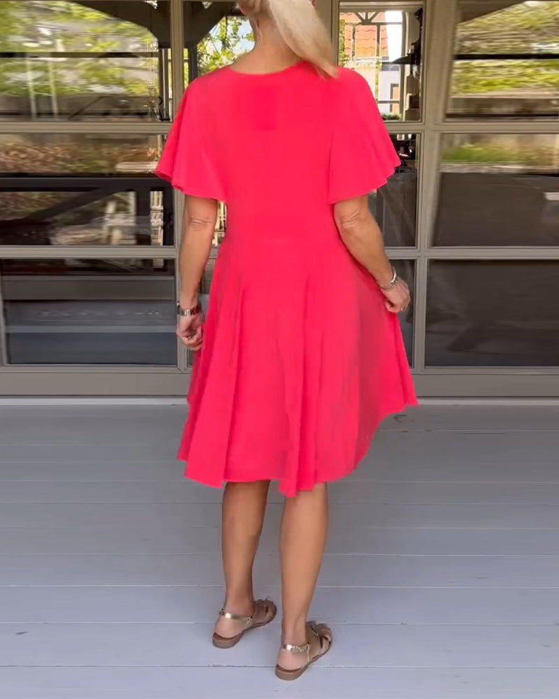 Solid color V-neck waisted butterfly sleeve casual dress