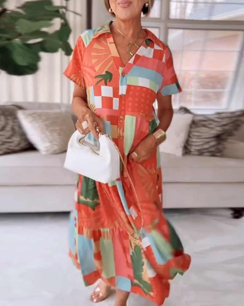 Patterned Short-Sleeve Casual Dress