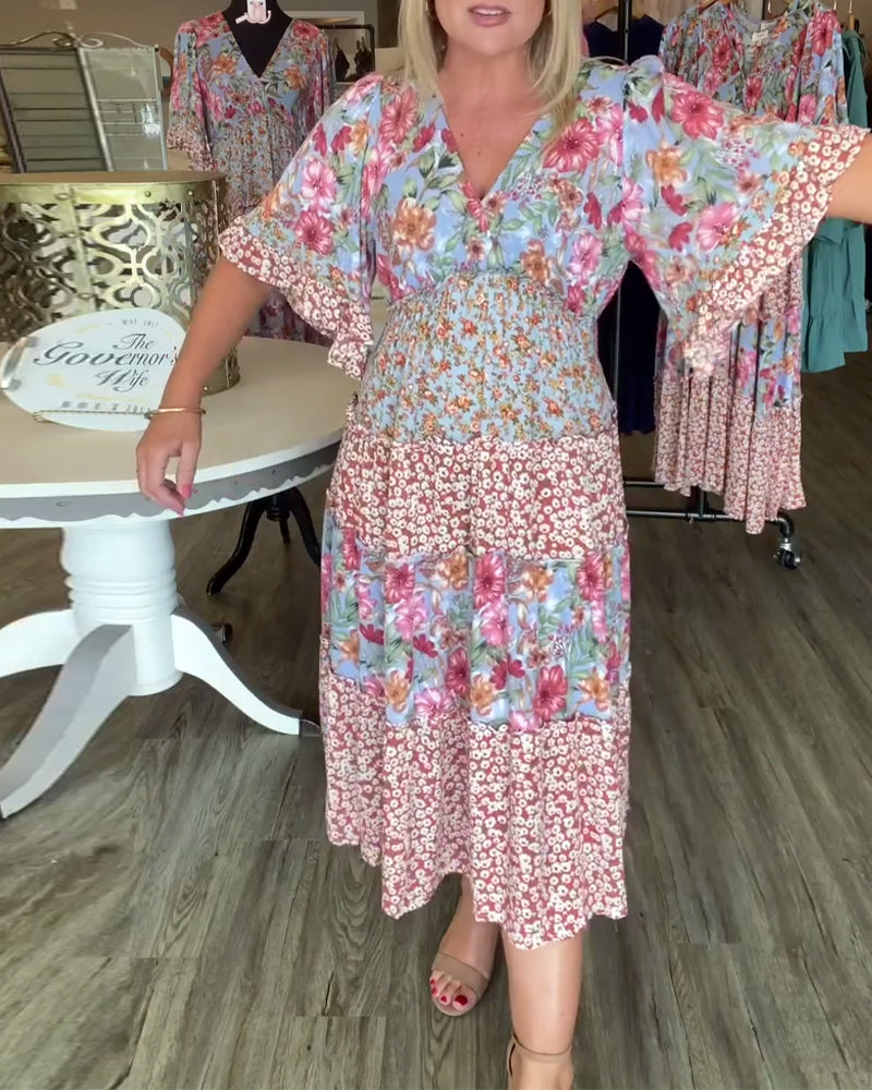 V-Neck Lotus Hem Floral Dress