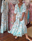Women's V-neck leaf print maxi dress
